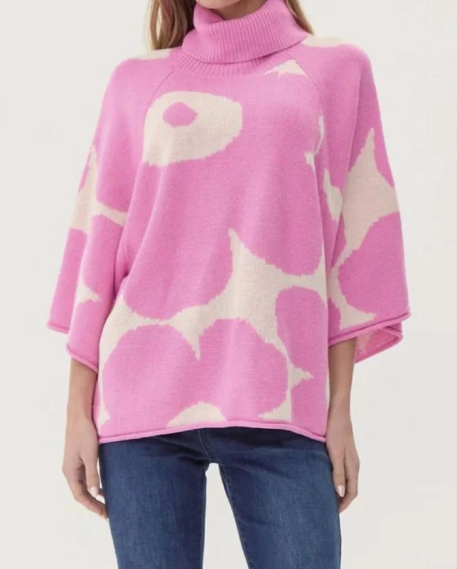 Flower Knit 3/4 Dolman Sleeves Pullover In Pink