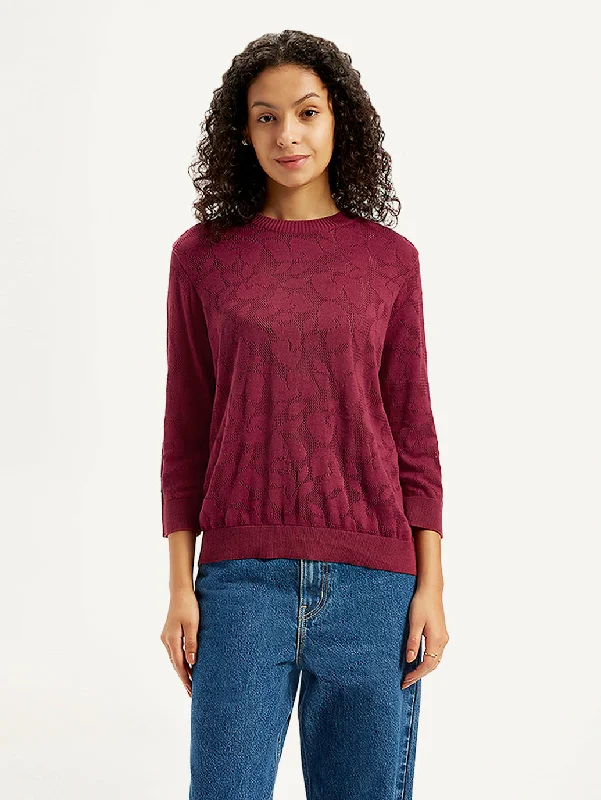 Women's Self Design Maroon Crew Neck Sweater