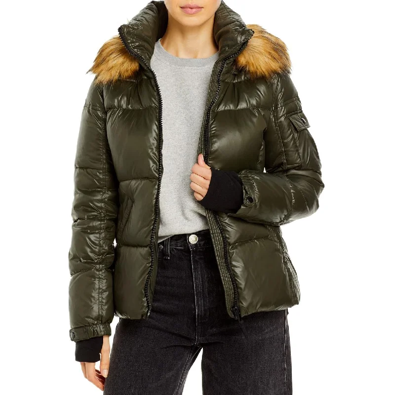 Aqua Womens Allie Faux Fur Trim Hooded Puffer Jacket