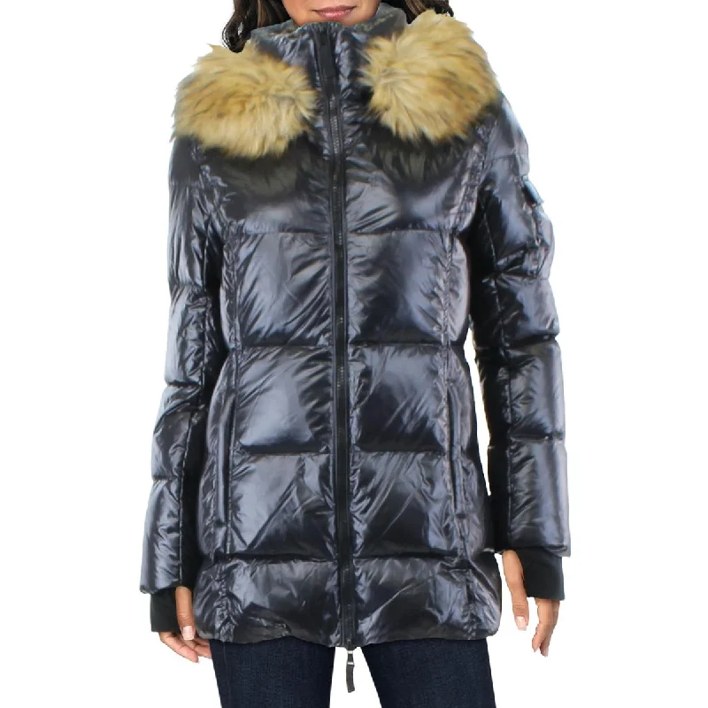 Aqua Womens Faux Fur Midi Puffer Jacket