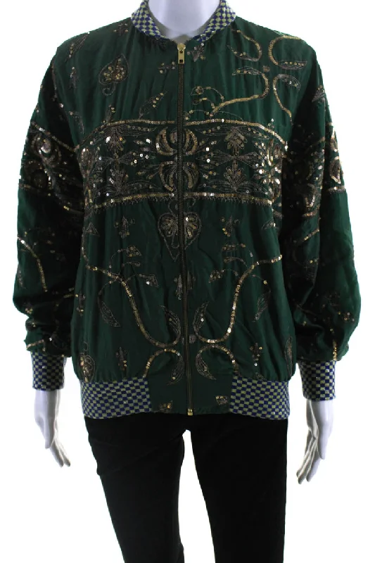 Ashish Womens Salvaged Sari Metallic Embroidered Bomber Jacket Green