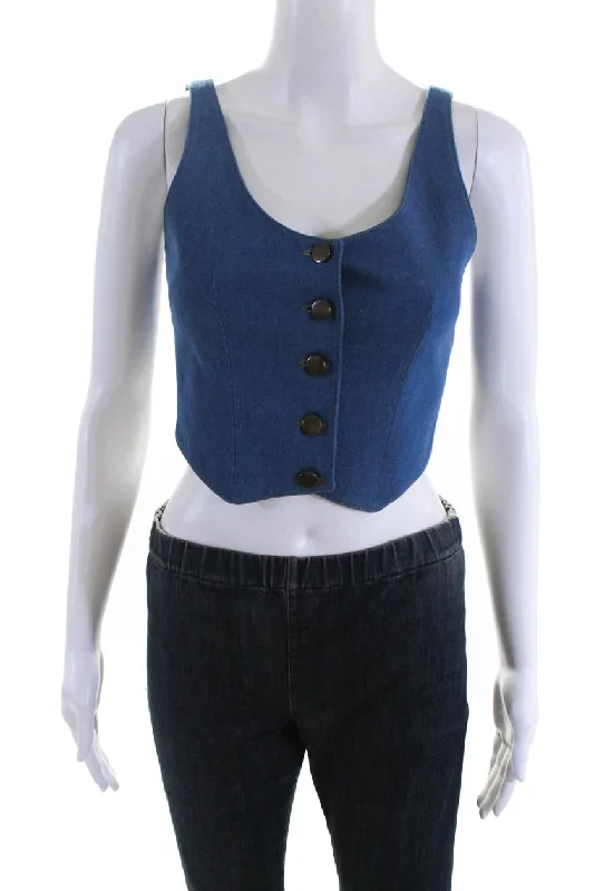 Aya Muse Womens Cosa Scoop Neck Button Up Denim Waistcoat Vest Blue