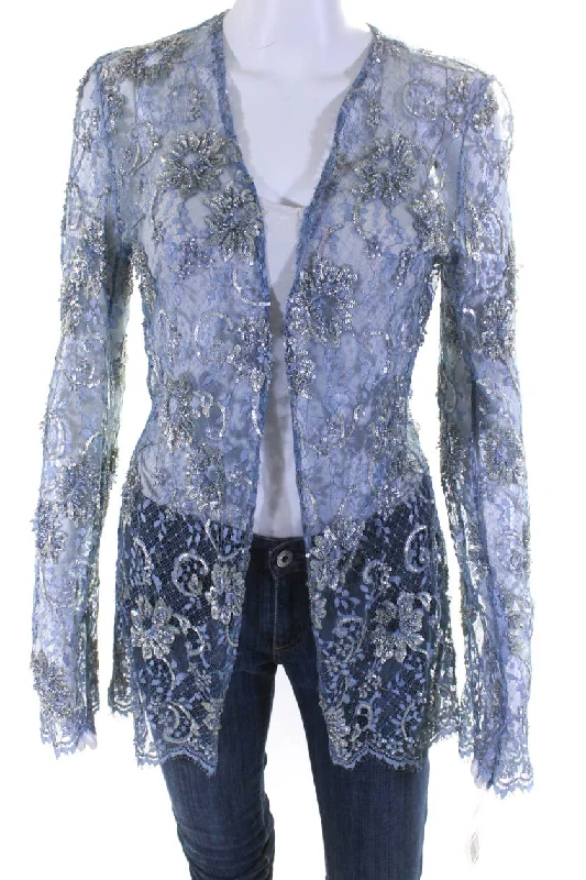 Badgley Mischka Women's Open Front Sequin Lace Jacket Blue