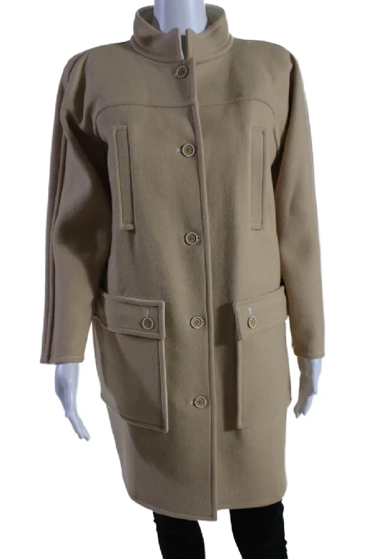 Courreges Womens Beige Wool Pockets High Neck Long Sleeve Coat