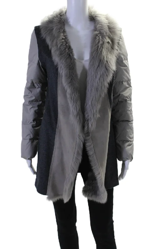 Fabiana Filippi Womens Long Sleeve Fur Collared Knit Puffer Jacket Gray XS