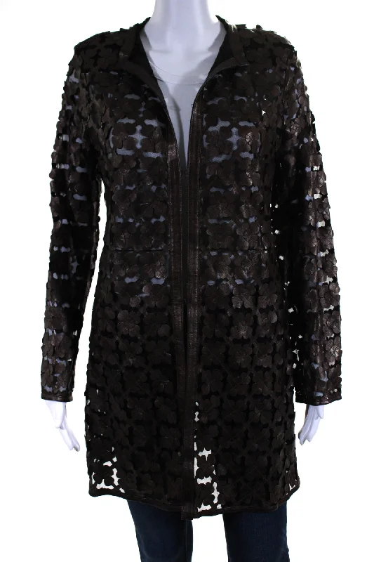 In Transit Womens Laser Cut Metallic Mesh Leather Jacket Dark Brown Black XL