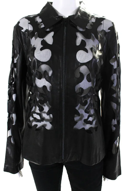 In Transit Womens Leather Cutout Mesh Full Zip Collared Jacket Black