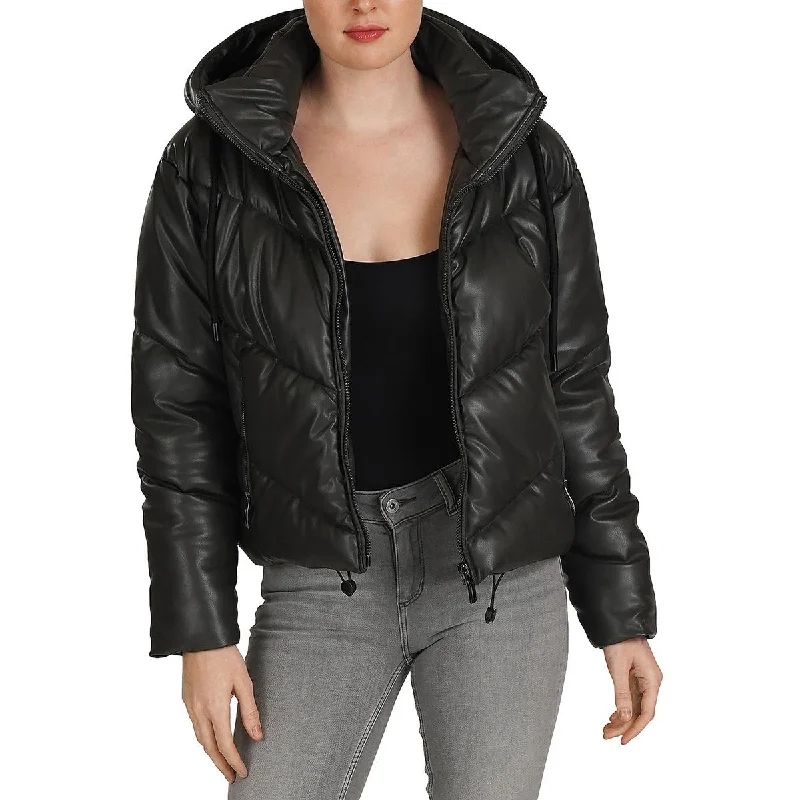 Love Token Womens Leo Faux Leather Short Puffer Jacket