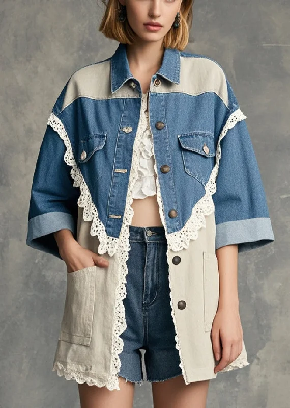 Modern Colorblock Oversized Lace Patchwork Denim Coat Half Sleeve