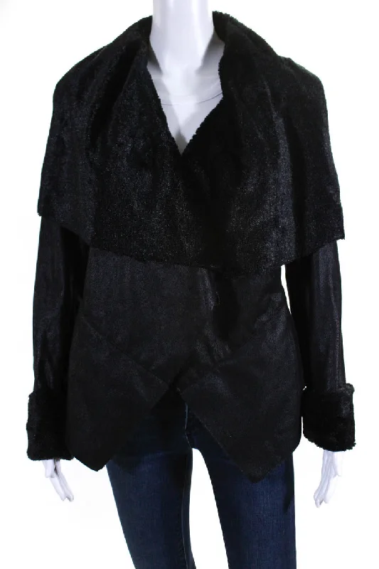 Neiman Marcus Womens Faux Fur Faux Shearling Waterfall Coat Jacket Black Small