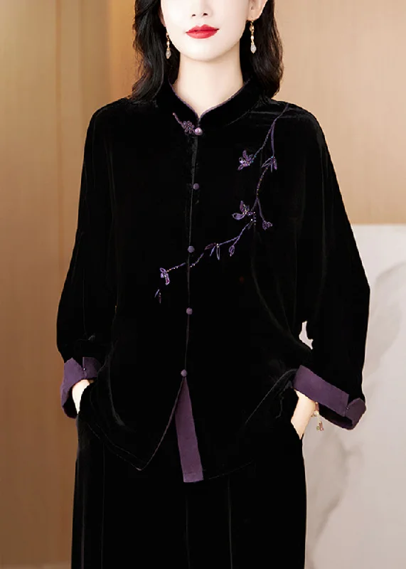 New Black Embroidered Button Silk Velvet Coat Fall