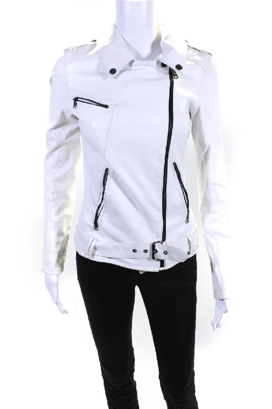 Nour Hammour Womens White Leather Belted Long Sleeve Motorcycle Jacket