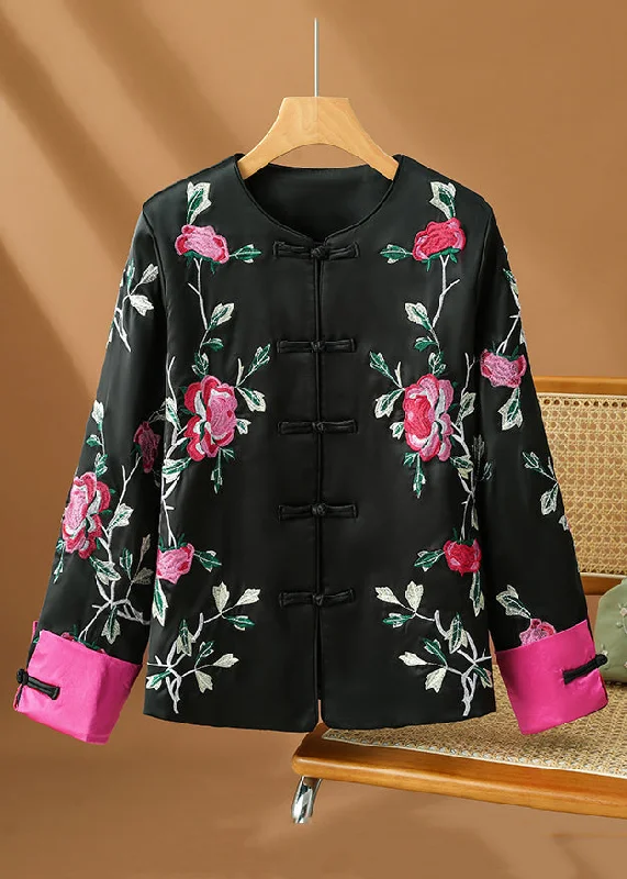 Original Design Black Embroidered Button Silk Coats Fall