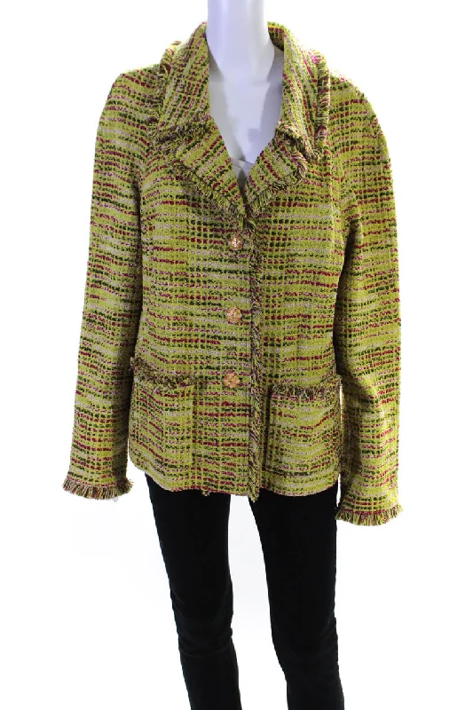 St. John Womens Wool Tweed Fringe Trim Button Down Jacket Multicolor