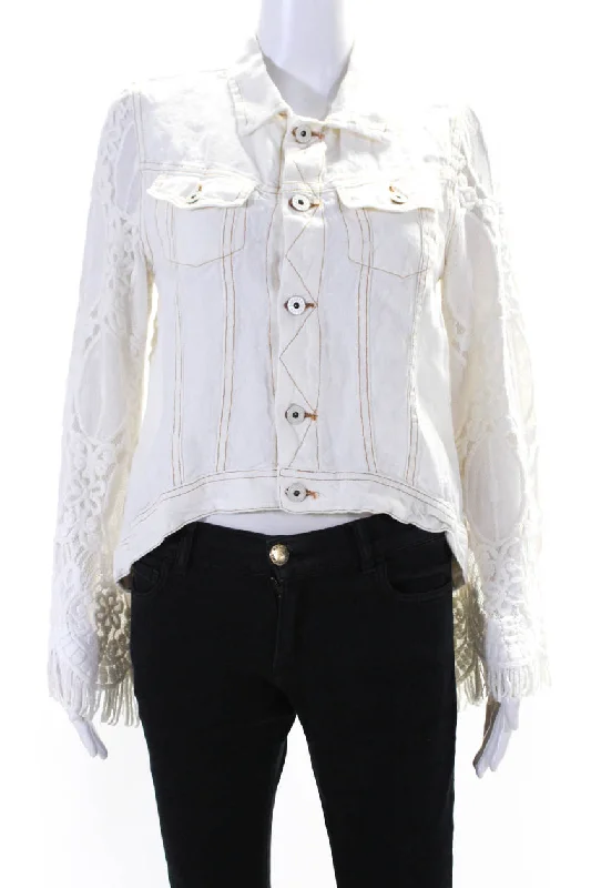 Sunday Tropez Womens Elvis Mesh Embroidered Sleeve Linen Jacket White