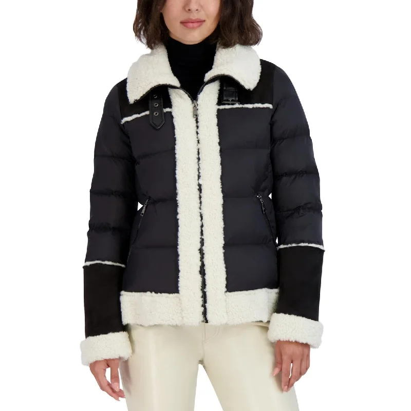 Tahari Womens Selena Faux Shearling Short Puffer Jacket