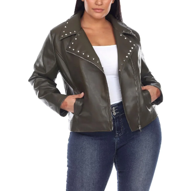 White Mark Womens Plus Faux Leather Studded Motorcycle Jacket