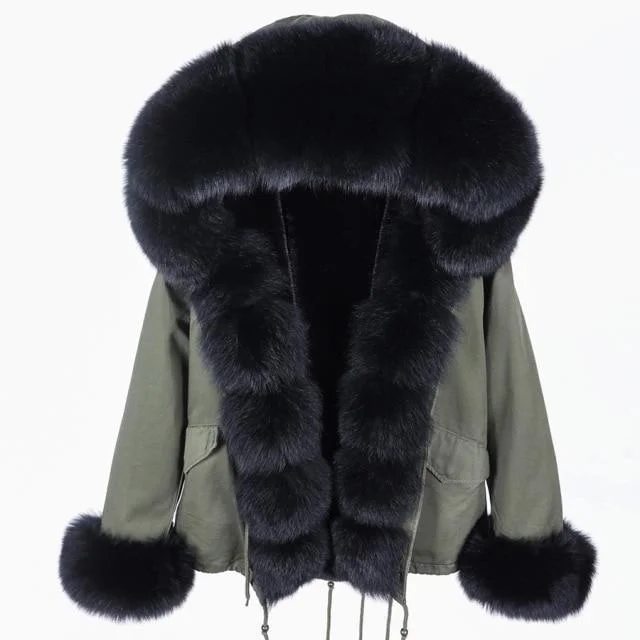 Winter Warm Women's Slim Natural Raccoon Real Fox Fur Hood Coats & Jackets