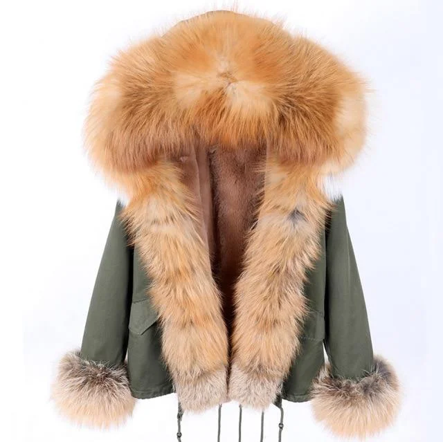 Winter Warm Women's Zipper Natural Real Raccoon Fur Hooded Coats & Jackets