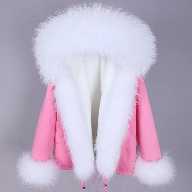 Women's Pink Winter Style Natural Racoon Fur Sleeves and Collar Parkas