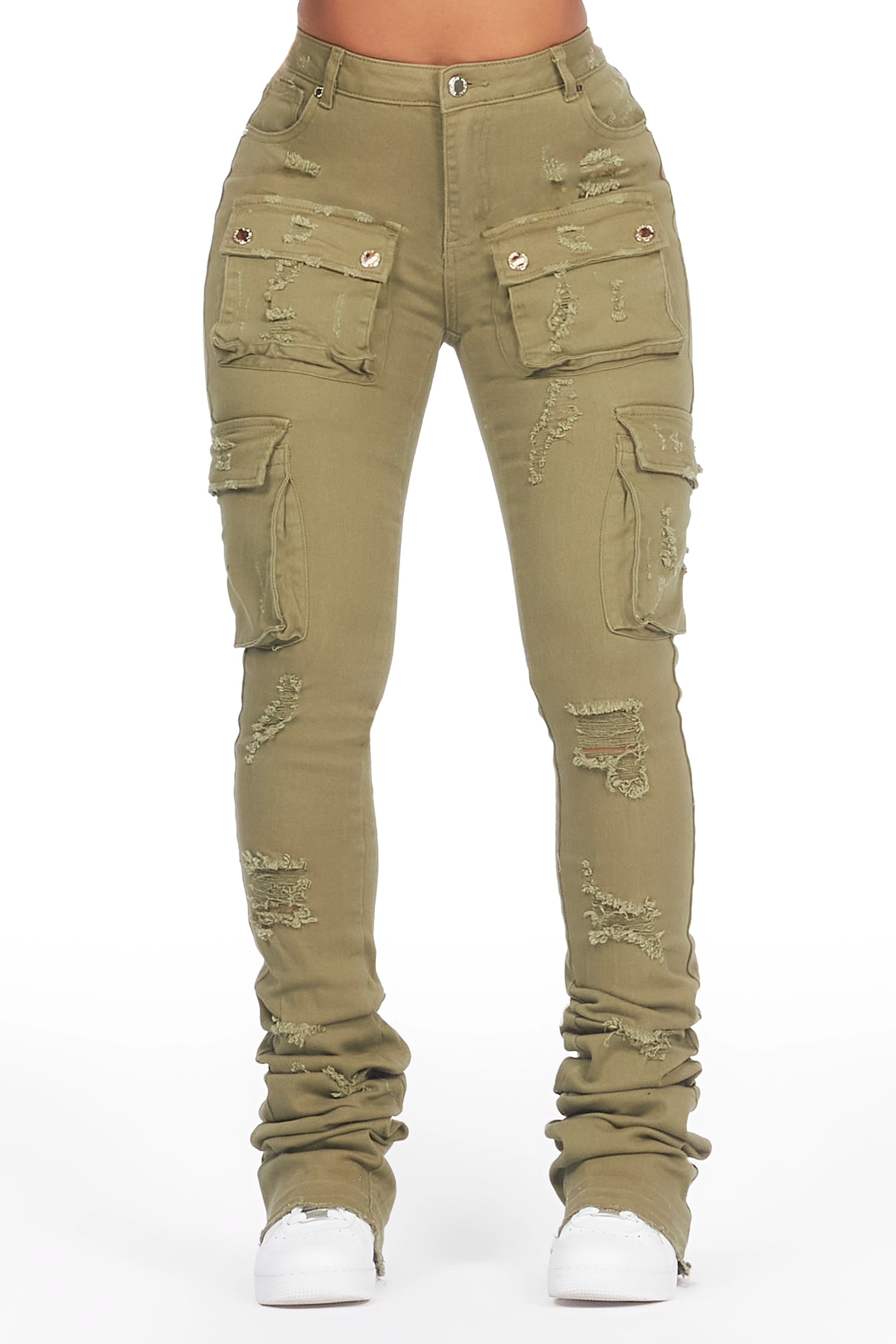 Noor Olive Cargo Super Stacked Jean