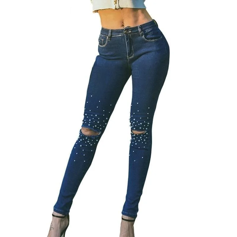 Women's Skinny Elastic Fashion Hole Beading Dark Blue Full Slim Pencil Jeans