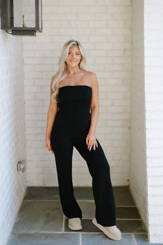 Foldover Bandeau Knit Jumpsuit-Black