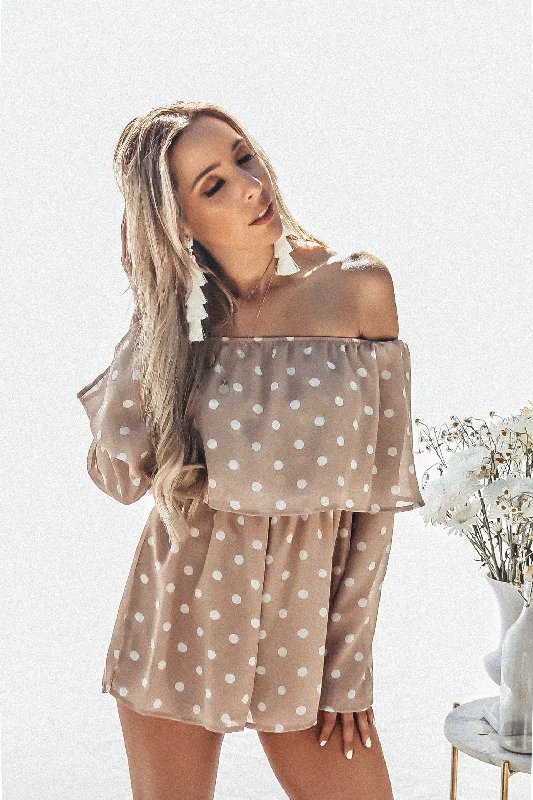 Off-Shoulder Polka Dot Tiered Romper- Taupe