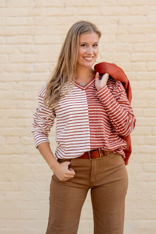 Contrasting Stripes V-Neck Tee