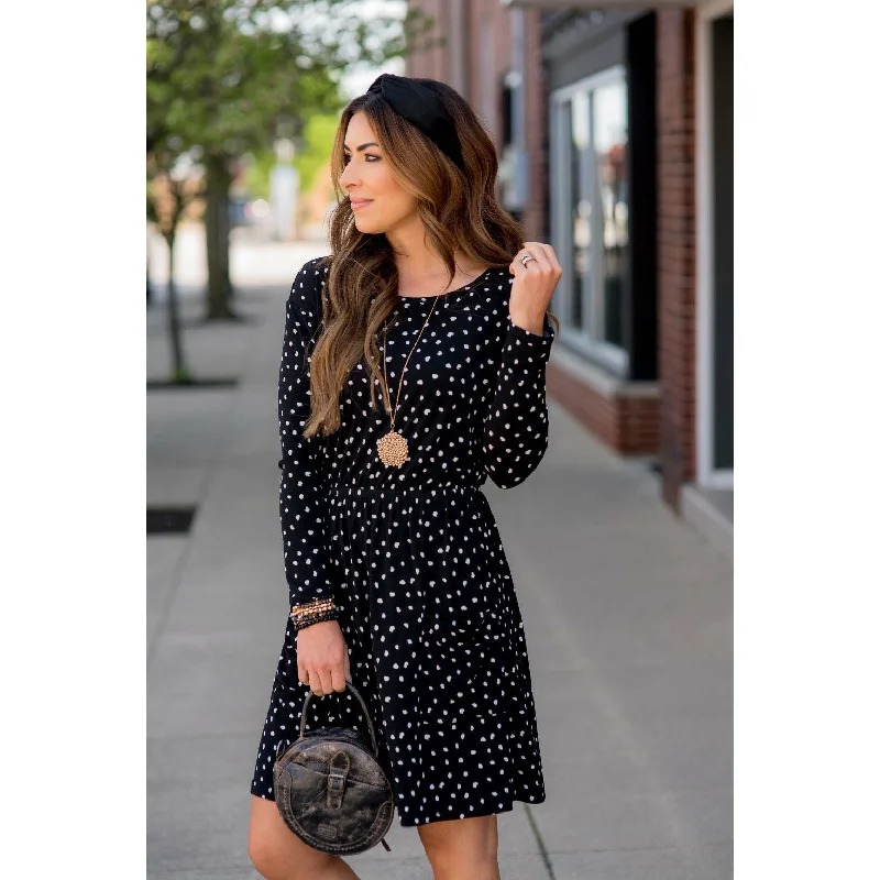 Dotted Pocket Long Sleeve Dress