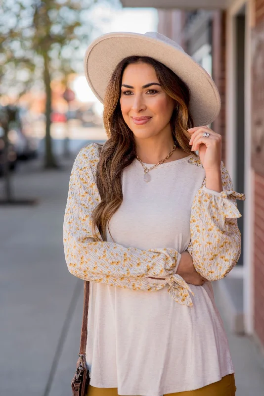 Fancy Floral Tie Sleeve Blouse