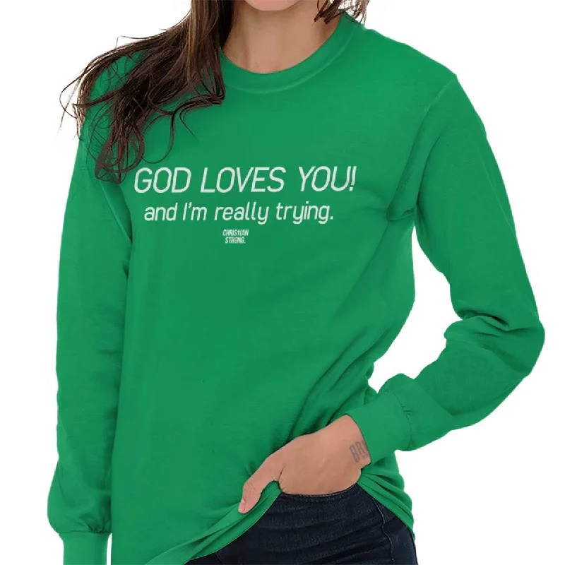 God Loves You Christian T Shirt Jesus Cross Novelty Gift Cool Long Sleeve T-shirt