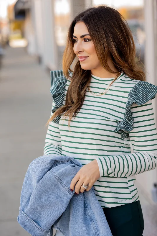 Mixed Stripes Ruffle Shoulder Tee