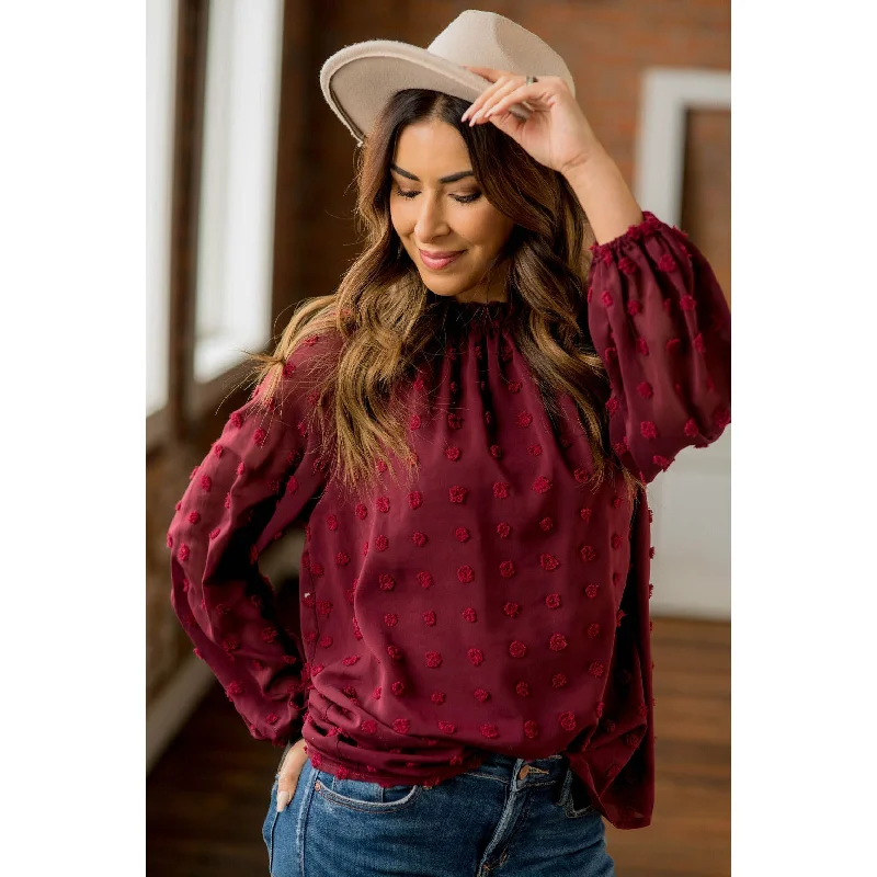 Textured Dot Cinched Neck Long Sleeve Blouse