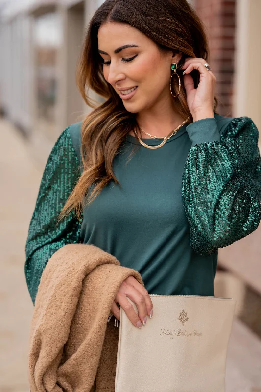 Sequin Sleeve Solid Body Blouse