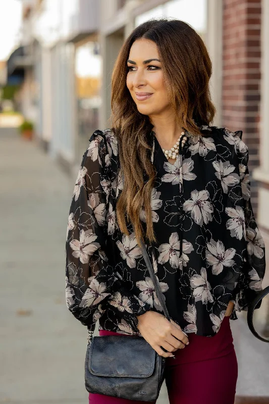 Sheer Floral Flutter Shoulder Blouse