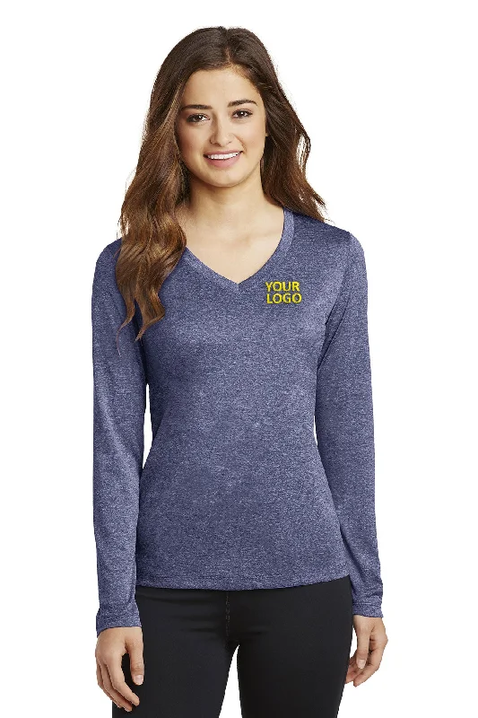 Sport-Tek Ladies Long Sleeve Branded Heather Contender V-Neck Tee's, True Navy Heather