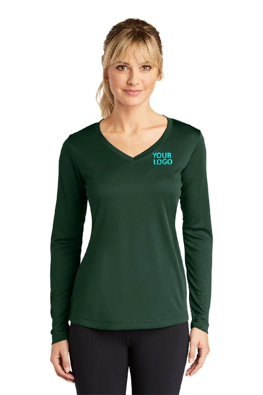 Sport-Tek Ladies Long Sleeve PosiCharge Competitor Custom V-Neck Tee's, Forest Green