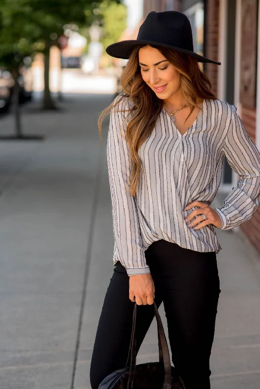 Vertical Stripe V-Neck Wrap Blouse