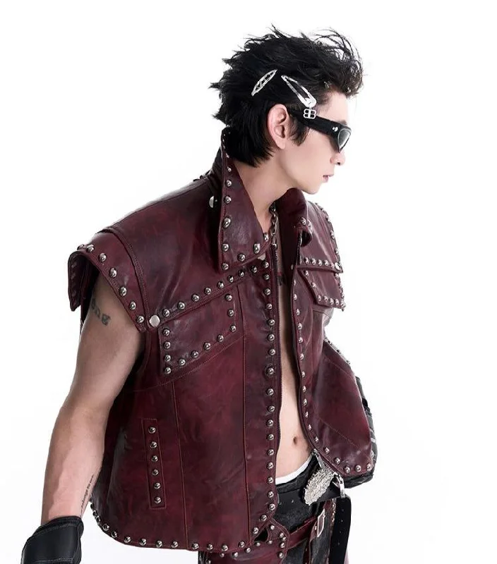 Rivet PU Leather Vest & Spliced Contrast Pants Set