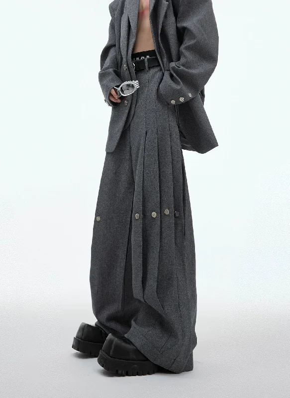 Pleated and Buttons Wide Pants