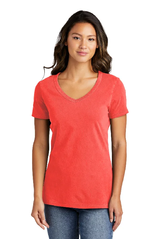 Port & Company Womens Beach Wash Garment Dyed Short Sleeve V-Neck T-Shirt - Poppy Red