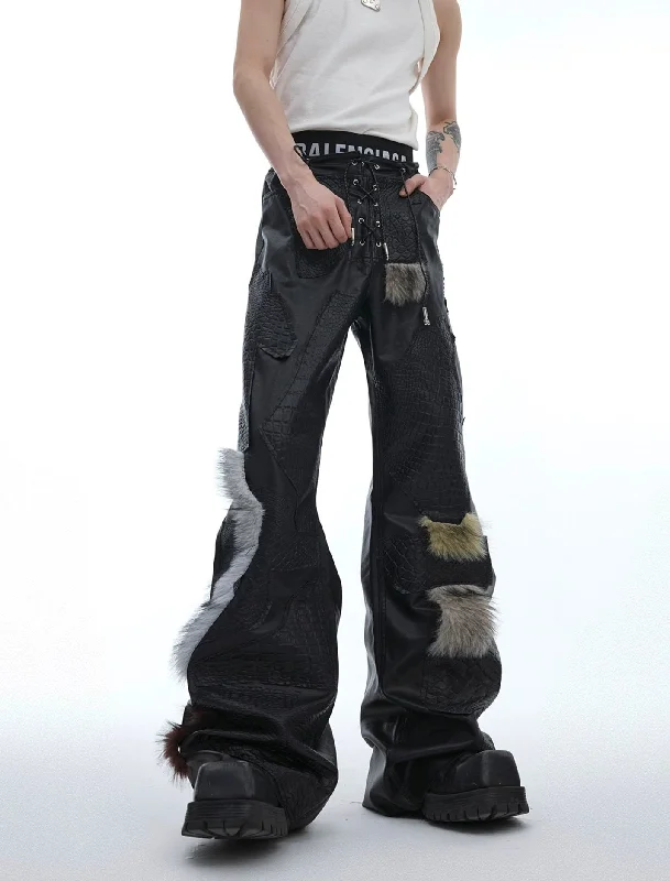 Spliced PU Leather & Fur Pants