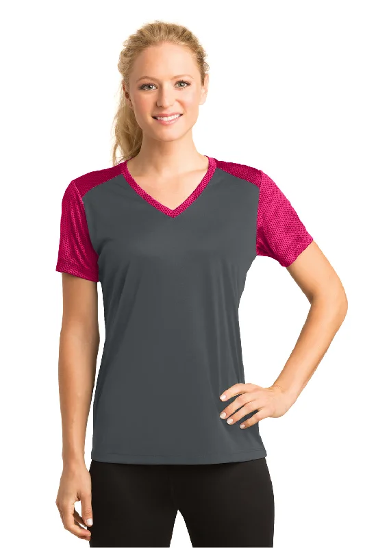 Sport-Tek Womens CamoHex Moisture Wicking Short Sleeve V-Neck T-Shirt - Iron Grey/Raspberry Pink - Closeout