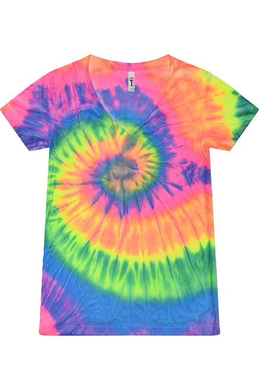 Tie-Dye Womens Short Sleeve V-Neck T-Shirt - Neon Rainbow