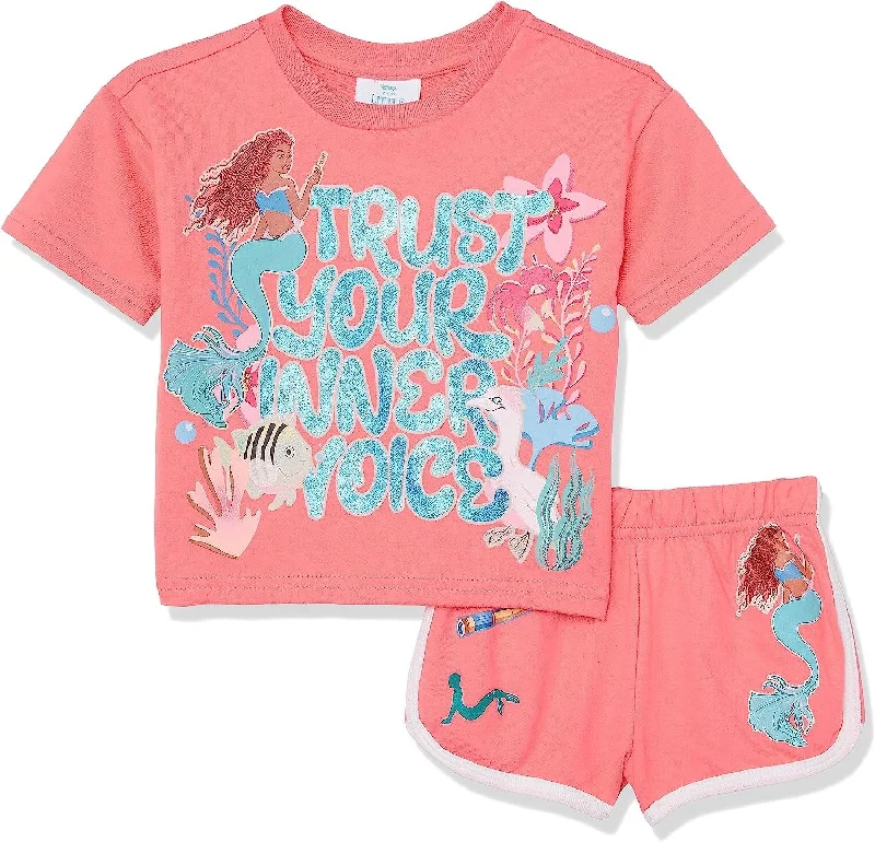 Disney Girls the Little Mermaid Movie Girls French Terry Tee & Short Set - Ariel, Flounder, Sebastian