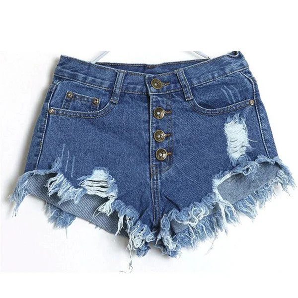 High Waist Ripped Raw Hem Denim Shorts (Dark/Light Blue)