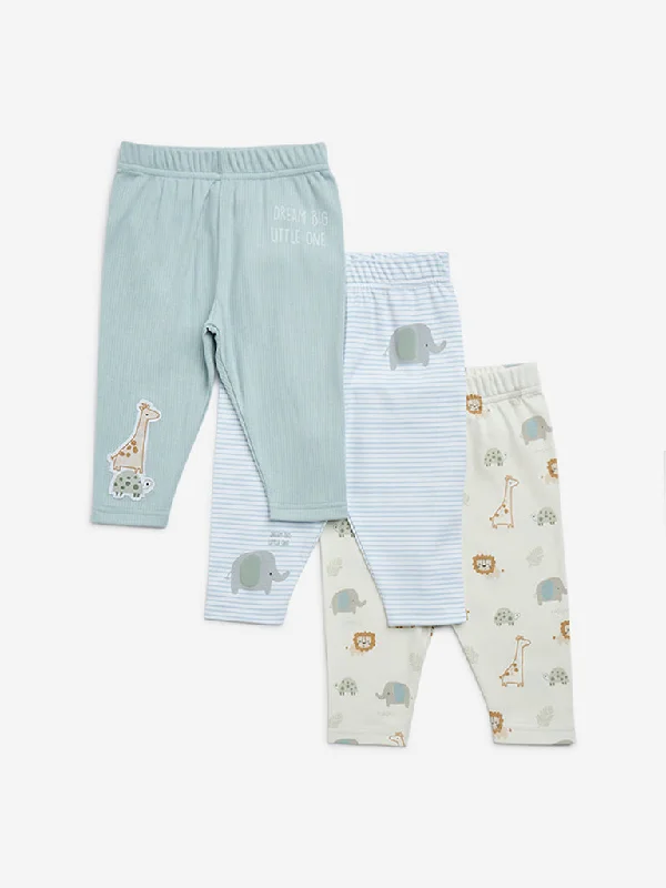 HOP Baby Mint Printed Cotton Pants - Pack of 3