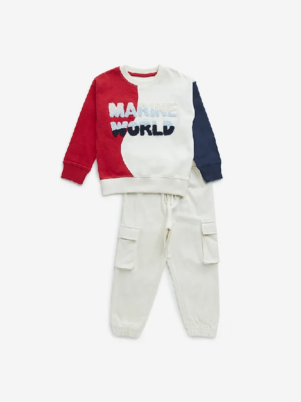 HOP Kids Beige & Red Cotton Sweatshirt and Joggers Set