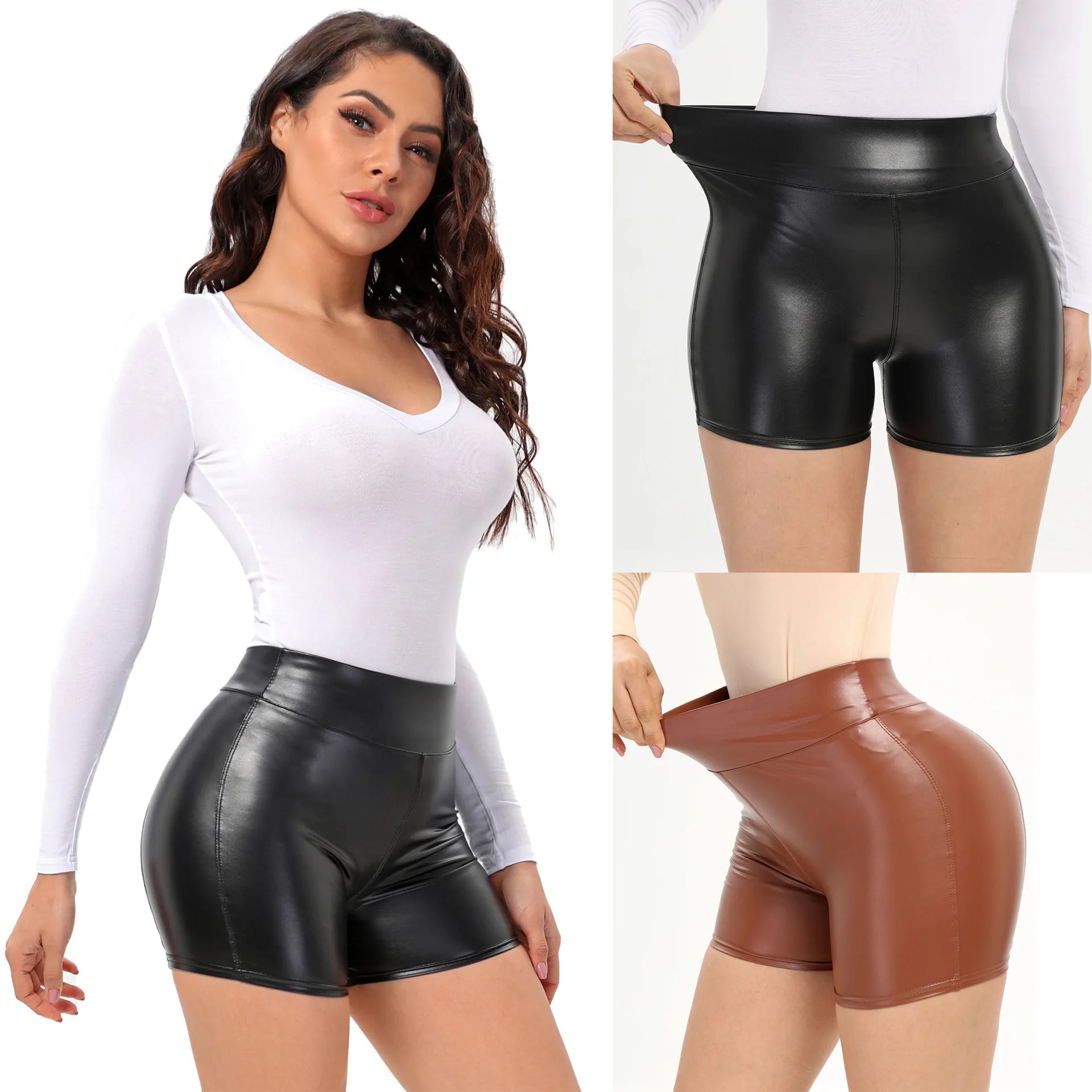 PU Leather Biker Shorts (Black/Brown)